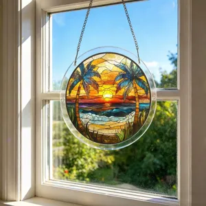 Attrape-soleil suspendu en acrylique style vitrail motif plage tropicale et coucher de soleil.