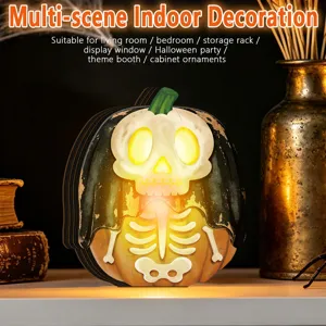Detailed view of Halloween wooden glowing pumpkin ornament, ideal for indoor holiday room decor.