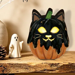 Halloween wooden glowing ornament tabletop decoration vintage cat pumpkin lighted decor for home.