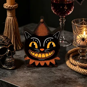 Vintage Halloween wooden black cat glowing ornament desktop festival decoration