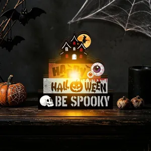 Halloween wooden lighted tabletop decoration with layered haunted house design glowing party sign