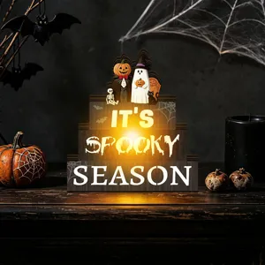 Halloween wooden desktop tiered tray decoration pumpkin glowing ornament for party setup
