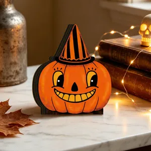 Close-up of vintage wooden pumpkin tabletop decor with striped hat for Halloween festival.