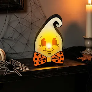 Vintage wooden ghost light-up tabletop decoration with bow tie for Halloween home decor detail