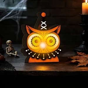 Halloween wooden owl LED luminous ornament detail view showcasing spooky festive props.