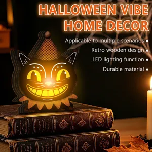 Halloween retro wooden black cat night light LED illuminated spooky desktop holiday decor.