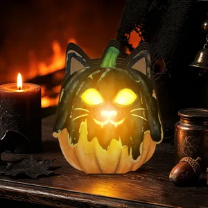 Halloween wooden pumpkin cat light-up ornament detail view, festive home holiday decor.