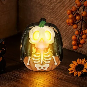Halloween wooden glowing pumpkin skeleton ornament retro LED tabletop home holiday decor