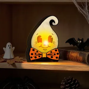 Vintage Halloween wooden ghost light up ornament retro tabletop decor with cute bow tie.