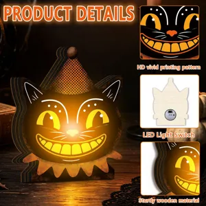 Halloween wooden glowing ornament vintage black cat light up tabletop holiday decor