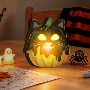 Halloween wooden lighted cat pumpkin ornament retro desktop holiday home decoration light up