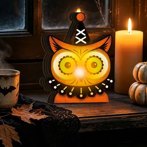Halloween wooden glowing owl ornament retro tabletop decoration led light holiday decor