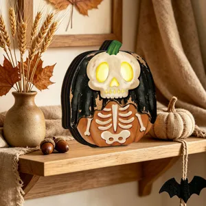 Halloween wooden light-up pumpkin skeleton ornament, vintage tabletop decor for holiday party.