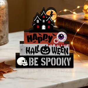 Wooden Halloween desktop decoration ornament layered haunted house skull sign detail.