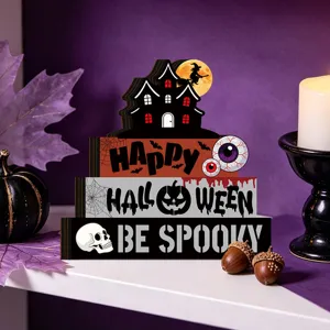 Thickened wooden Halloween tiered tray decor haunted house tabletop sign for holiday party