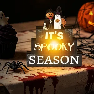 Halloween wooden luminous tabletop tiered decoration with ghost pumpkin sign for holiday home decor