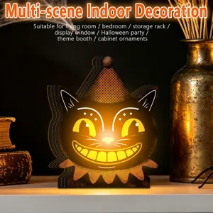 Halloween Wooden Glowing Cat Ornament Vintage LED Tabletop Decor Festival Party Supplies