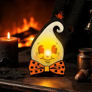 Retro Halloween glowing wooden ghost tabletop ornament with orange polka dot bow tie decor