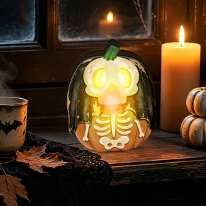 Detailed shot of Halloween wooden glowing pumpkin ornament with warm light for festive decor.