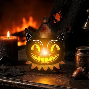 Detailed shot of Halloween glowing wooden black cat ornament with warm light for festive decor.