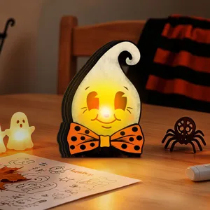 Halloween wooden ghost night light retro decorative luminous tabletop ornament detail view