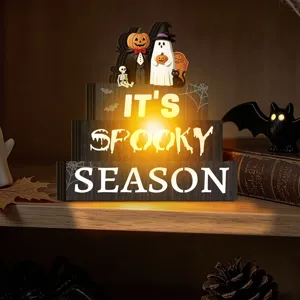 Halloween wooden tiered tray decor with warm lights, spooky season sign for tabletop.