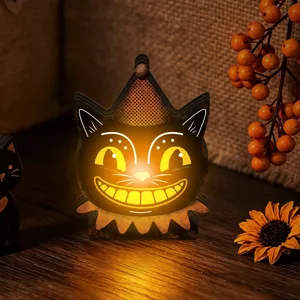 Halloween wooden glowing ornament vintage tabletop cat decor for holiday home decoration