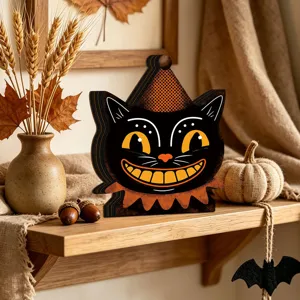 Vintage Halloween wooden black cat light up ornament desktop home festival decor setup