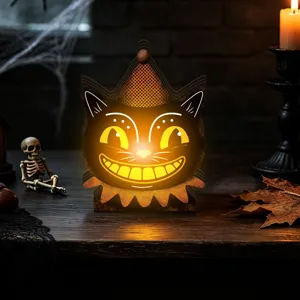 Halloween glowing wooden cat ornament retro table decoration light up holiday prop detail shot.