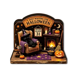 Halloween wooden tabletop decoration lighted multi-layer carved display for party decor.