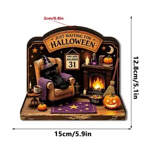 Halloween wooden layered ornament detail showing black cat fireplace and pumpkin decor elements.