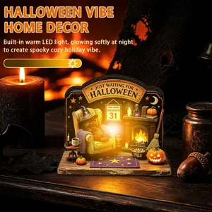 Halloween wooden tabletop decoration with built-in warm LED light for cozy holiday party vibe.
