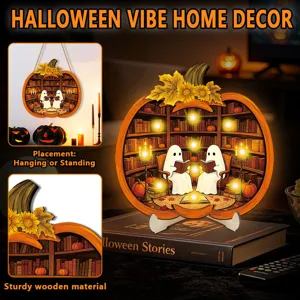 Halloween LED wooden pumpkin ghost sign light-up home decor for hanging or tabletop display.