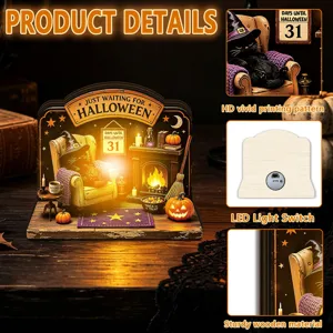 Close-up detail shot of Halloween wooden desktop ornament with LED light and vivid print.