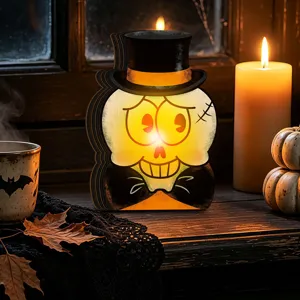 Vintage Halloween wooden light-up tabletop ornament featuring retro cartoon skull decor.