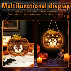 Close-up detail view of Halloween glowing pumpkin LED wooden sign with spooky ghost bookshelf scene.