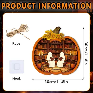 Halloween pumpkin wooden hanging sign detail, showing dimensions 30x30cm, rope and hook included.