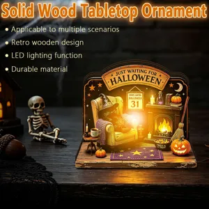 Halloween wooden tabletop ornament with LED lighting, retro design for holiday party decor.