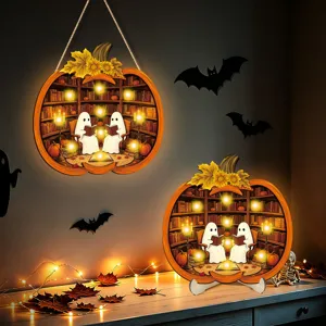 Halloween LED wooden pumpkin sign hanging and tabletop decor with cute ghost library design.