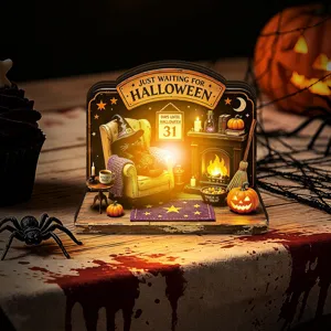 Halloween LED wooden desktop decoration miniature cat fireplace lighted party ornament spooky decor