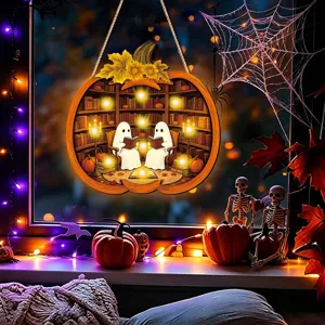 Halloween glowing wooden hanging sign, ghost reading library design, detailed holiday decor.