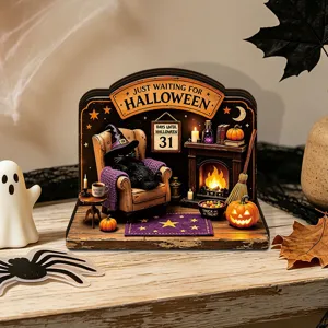 Halloween wooden glowing desktop ornament, featuring black cat, fireplace and pumpkin design.