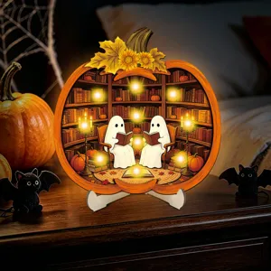 Halloween pumpkin wooden light-up ornament featuring ghost and library design for spooky decor