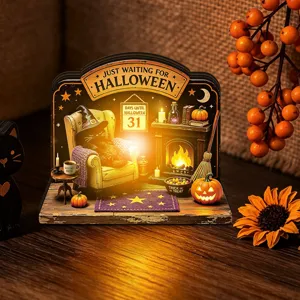 Halloween lighted wooden desktop ornament, spooky festival party atmosphere decor display.
