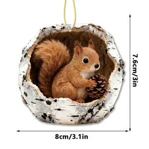 Acrylic squirrel tree hole hanging ornament detail, showing size and cute animal design.