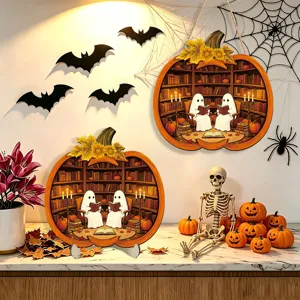 Halloween glowing wooden hanging sign and desktop ornament set with ghost library design.