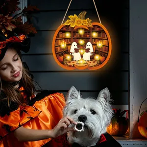 Halloween glowing pumpkin hanging sign with cute ghost bookshelf scene for home wall decor.