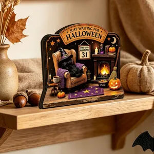 Halloween wooden desktop decoration with LED light, spooky black cat and pumpkin tabletop sign.