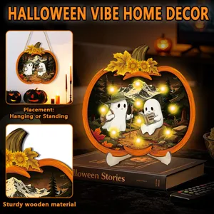 Halloween wooden hanging sign and desktop luminous pumpkin decor with cute ghost illustrations.