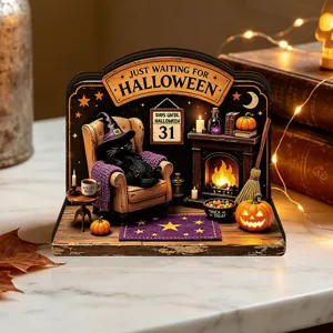 Halloween wooden desktop ornament lighted cat fireplace rustic party decoration display